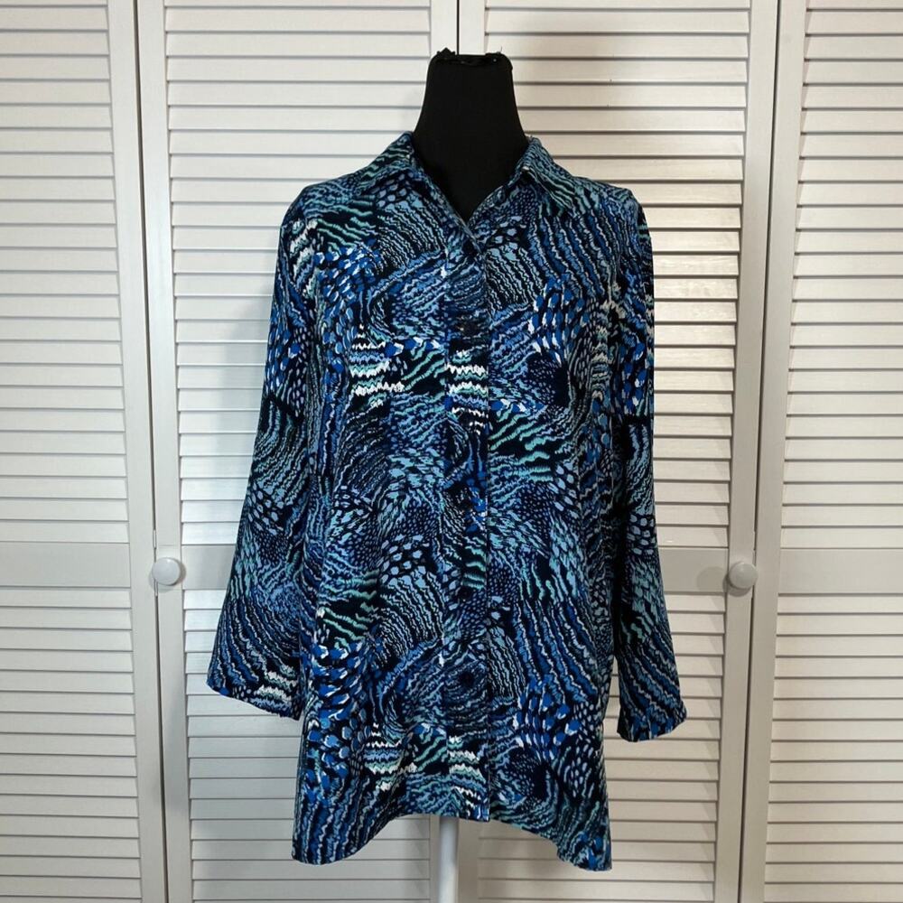 Drapers & Damons Y2K Abstract Geometric Boho Blue Collared Tunic Blouse Women L